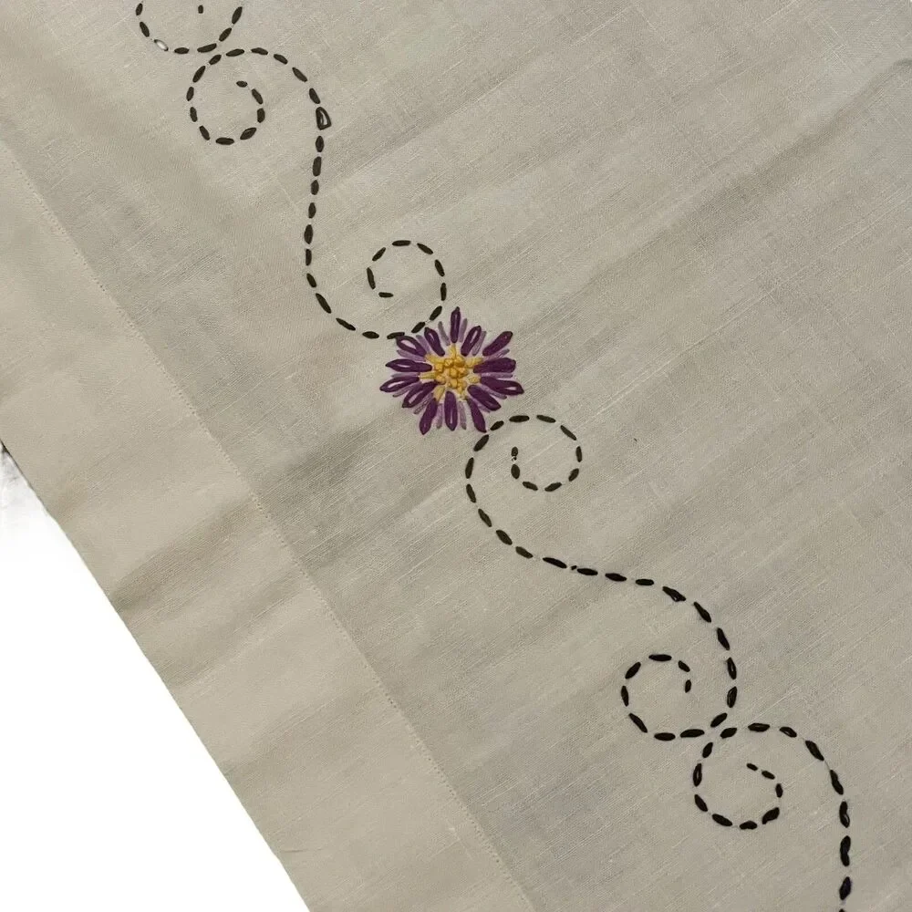 Vtg Hand Embroidered Tablecloth Flower Basket Floral Cottage Farm 49x49.5”